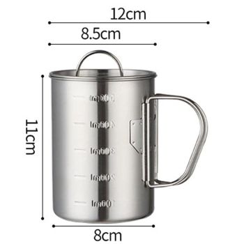 Stainless Steel Camping Cup, 500ml Fireproof Metal Cup with Lid and Foldable Handle, High Temperature Direct Heating, Great for Backpacking
