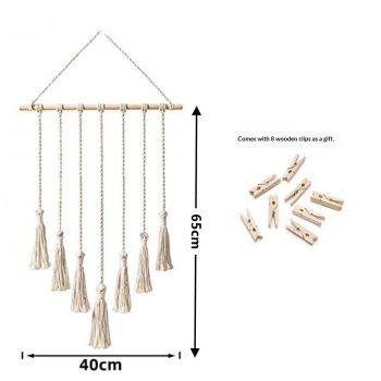 Hanging Photo Display Wall Decor - Handwoven Boho Picture Collage Decor Hanger with 8Wooden Clips & Cotton String Holder Organizer for Bedroom, Living Room, Home, Dorm, Gift
