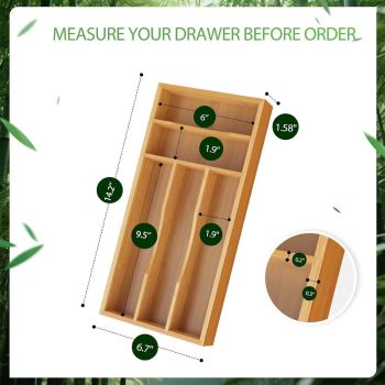 Bamboo Kitchen Drawer Silverware Organizer, Silverware Utensils Tray Holder for Small Drawer, Wood Caddy for Flatware Cutlery Knives 5-Slots