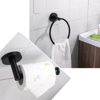 Matte Black Toilet Paper Holder and Hand Towel Holder, 2 Pieces Bathroom Hardware Accessories Set, Stainless Steel Sturdy Wall Mount Toilet Paper Roll Holder and Towel Rack, Black