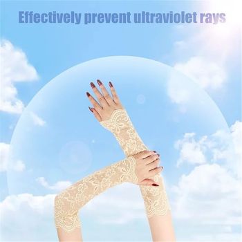 two pairs UV Protection Lace Arm Sleeves, Women's Floral Lace Sleeves Hollow Out Long Sunscreen Gloves Fingerless Driving Gloves（skin color）