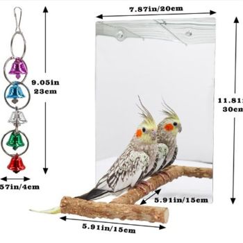A large bird mirror toy with a perch rack, a parrot mirror with a bird chime toy, birdcage accessories, suitable for parrots