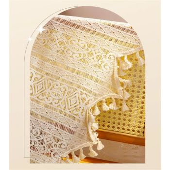 Bohemian crochet lace window decoration kitchen transparent strip tassel retro farmhouse beige country crochet coffee shop curtain 1 piece (beige, 132 * 45cm)