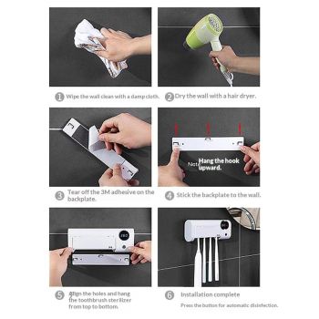 UV Toothbrush Cleaner, Rechargeable Tooth Brush Holder Wall-Mounted for Bathroom, No Drilling, 4 Slots