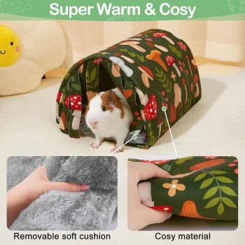 2 pack Guinea Pig Hideout with Curtain and Tunnel - Soft Bed with Cushion - Suitable for Guinea Pig, Hamster, Chinchilla, Bunny - Mushroom