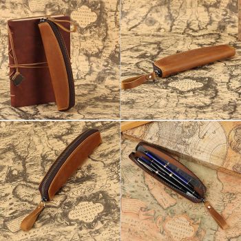 Leather Pen Pouch with Zippered Closure and Tool Holder, Leather Pencil Case for Office, Work, and Travel, Compact Pen Organizer for Writing Tools, Premium Handmade Stationery Pouch