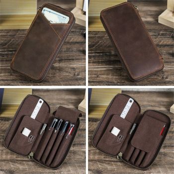 Top Grain Genuine Leather 4 Fountain Pen/Pencil Case Pouch, Handmade Minimalist Design, Zipper Closure with Multi-Function & Slots, Gift Choice for Man/Woman/Office, Matte Coffee, 4 Slots