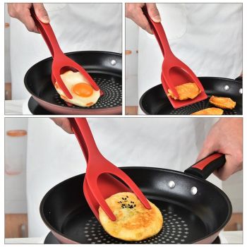 4 pack 2 in 1 Flipper Spatula with tongs - Easy Grip Flip Spatula for Hash browns, Burgers, Steaks, French Toast, Omelets, Pancakes - 2 red+2 black