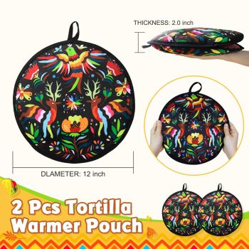 2 Pcs 12 Inch Tortilla Warmer, Tortilla Warmer Pouch for Tortillas, Tacos, Pizza Rolls, Insulated & Microwaveable Fabric Pouch Keeps Warm, Colorful Bird (Black)