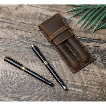 Leather 2 Slots Pen Holder Case Luxury Fountain Pen Sleeve Organizer Bag, Closing with Drawer Design, Gift Choice for Man/Woman/Office, Matte Coffee