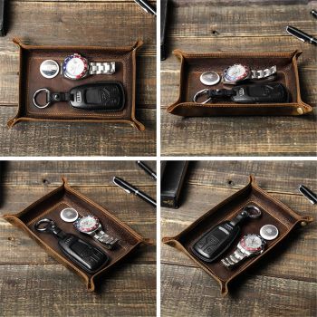 Tray Desktop Storage Organizer – Premium Leather Bedside Vanity Tray Nightstand Caddy Holder for Remote Controller, Keys, Phone, Wallet, Coin, Jewelry