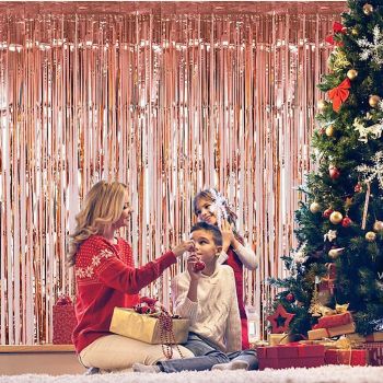 Rose Gold Christmas Foil Fringe Curtains Christmas Party Decoration, 3 Pcs 3.3ft x6.6ft Photo Booth Backdrop, Streamers Backdrop for Bachelorette Graduation Wedding Birthday