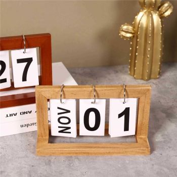Wooden Perpetual Calendar,Reusable Desktop Flip Calendar,Retro Decorated Office Desk Calendar,Suitable for Home Offices Desktop Accessories (Wood color)