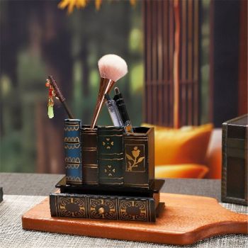 Decorative Desk Organizer Caddy, Pencil and Pen Holder with Bottom Storage Drawer and Antique Library Books Design