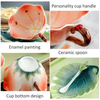 3D Ceramic Coffee Mug and Saucer Set with Spoon Flower Leaf Coffee Mug Tea Cup with Decorative Handle Vintage Floral Drinking Cups Unique Gifts for Birthday Wedding Christmas 6oz Pink
