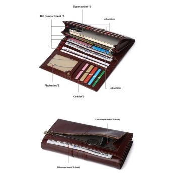 Womens Leather Wallets Handmade Ladies Clutch Wallet Organizer Card Holder, Long Ladies Wallet Womens Wallet with Pocket ID Window,Coffee