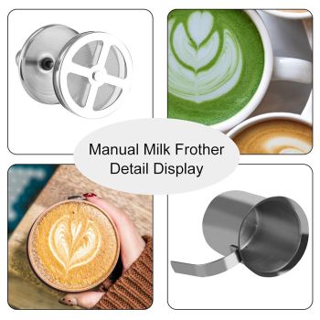 Milk Frother, Stainless Steel Manual Milk Foamer, Handheld Coffee Milk Frothing Pitchers, Manual Operated, with Double froth screen, for Cappuccino Coffee Latte Hot Chocolate (400ML)