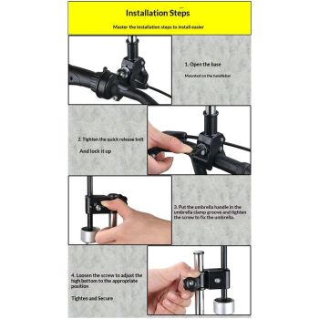 Adjustable Bicycle Umbrella Clamp Holder – Universal Stroller Attachment, Wheelchair Umbrella Holder for Bike, Golf Cart, Beach Chair – Stainless Steel Quick Mount Frame