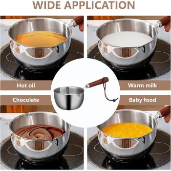 Stainless steel mini pot - butter warmer, (500ml) coffee/milk warmer, mini sauce pan for coffee, ideal for seafood butter warmers,melting pot With dual spouts and wooden handle