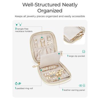 Travel Jewelry Case Jewelry Organizer Storage Roll Rings Necklaces Earrings Bracelets Brooches Watch Small Portable（beige，storage bag only）