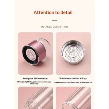 Tea InfuserBottle, 500ml Double Layer Leakage Proof Glass Water Bottle Travel Water Separation Tea Bottle Mug Cup for Office Travel Home(rose gold)
