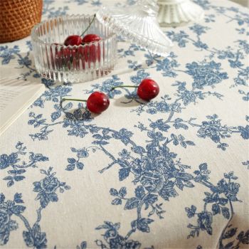 Cotton Vintage Round Tablecloth Floral Pastoral Table Cloth Washable Table Cover for Indoor&Outdoor,Farmhouse Decor,Picnic,Tabletop Decoration (Blue Floral, Round 55")