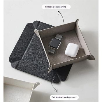 Tray for Men Women, Nightstand Organizer Vanity Catchall Holder for Dresser Desk Storage Bedside, Travel PU Leather Jewelry Key Bowl Coin Watches and Candy Entryway Tray - Banjiu Grey