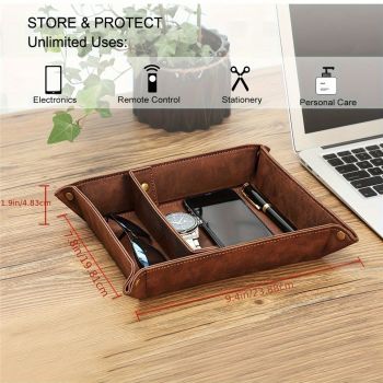 Valet Tray Desktop Storage Organizer, Removable 2 Compartments Catchall Tray Bedside Vanity Nightstand Caddy Holder Desk Storage Plate, Brown