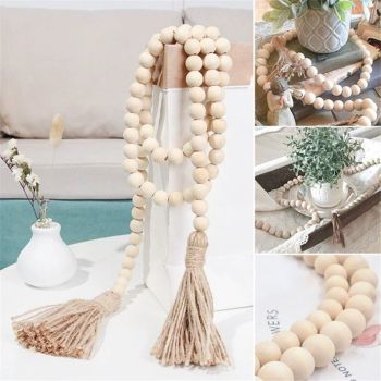 2 pack 58in Wood Bead Garland with Tassels, Farmhouse Rustic Country Decor Prayer Boho Wall Hanging Decoration (Nature)