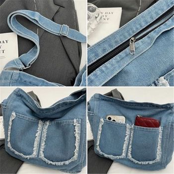 Denim Tote Bag for Women Blue Large Jean Casual Shoulder Purse Crossbody Handbag, Purse Casual Work Handbag Top Handle Satchel