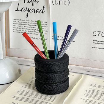 Tire Shaped Pen Holder for Desk, Novelty Office Decor, Tabletop Pencil Holder, Black Pen Organizer with Base, car enthusiasts Mechanic Present