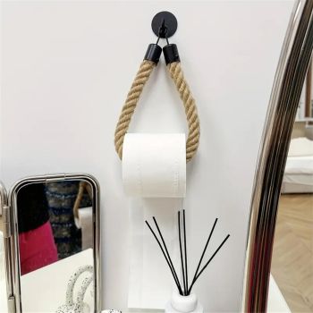 2 pack Rope Toilet Paper Holder - Self Adhesive, No Drill Required, Black, Stainless Steel and Cotton Rope