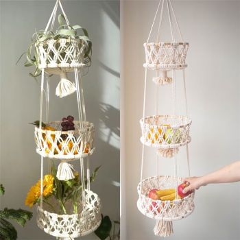 3 Tier Hanging Basket - Space Saving Hanging Fruit Basket for Kitchen or Decorative Boho Decor Hanging Plant Holder - Use for Produce Baskets, Indoor Planter Hangers, Beige
