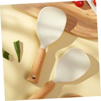 2 Pcs Standing Silicone Rice Spoon Paddle with Wood Handle, Nonstick Standing Rice Cooker Spatula for Kitchen Cooking