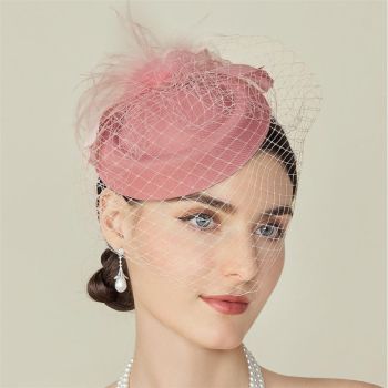 Fascinator Hat Veil Feather Fascinator Tea Party Bridal Wedding Veil Retro Hat Hats for Women（nude pink）