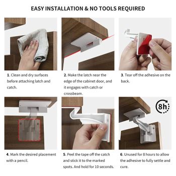 Upgraded Invisible Baby Proofing Cabinet Latch Locks (10 Pack) - No Drilling or Tools Required for Installation, Works with Most Cabinets and Drawers, Works with Countertop Overhangs, Highly Secure