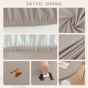 Round Fitted PU Tablecloth with High Elastic Edge 35 Inch Dia Waterproof Oil Proof Table Cloth Anti-Scald Stain-Resistant Wipeable Table Cover for Indoor Outdoor Picnic (Grey,35" Dia，Only tablecloth)