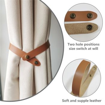 Set of 4 Leather Curtain Tiebacks, Modern Faux Leather Curtain Straps with Adjustable Buttons, No Drill Holdbacks for Bedroom, Living Room, Hotel, Office,light brown