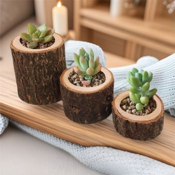 3 Pcs Wooden Vase for Centerpieces Wedding Flower Table Centerpieces Woodland Party Decor Rustic Farmhouse Bark Stump Buckets Vintage Planter Pots for Garden Baby Shower Window (Large+Medium+Small)