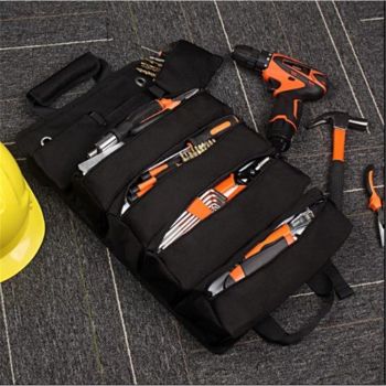 Roll Up Tool Bag, Portable Folding Tool Roll with Detachable Pouch, Heavy Duty Motorcycle Tool Storage Organizer, Gifts for Dad, Black（only bag）