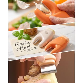 2-Pack 2-in-1 Stainless Steel Garlic Peeler Skin Remover, Multifunctional Efficient Vegetable Peeler for Carrots, Ginger, Kitchen Tool That Avoids Garlic Smell on Your Hands（Beige）