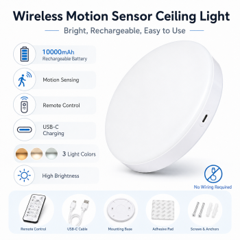 Rechargeable Motion Sensor Ceiling Light, 10000mAh Battery Operated LED Ceiling Light with Remote, Wireless Stick On Closet Light, 3 Color Dimmable Flush Mount Light, USB-C, for Hallway Stairway