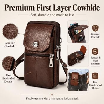 Coffee genuine Leather Men’s Crossbody Waist Bag, Multifunctional Belt Pouch, Portable Outdoor Phone & ID Card Holder, Casual Fanny Pack for Daily‑use