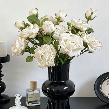 Vintage Burnt Edge Artificial Rose, Pure White Soft Decor, 5 Pack