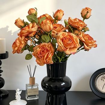 Vintage Burnt Edge Artificial Rose, Orange Warm Decor, 3 Pack