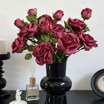 Vintage Burnt Edge Artificial Rose, Fuchsia Romantic Decor, 5 Pack