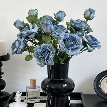 Vintage Burnt Edge Artificial Rose, Blue Calming Decor, 3 Pack