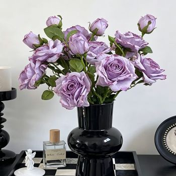 Vintage Burnt Edge Artificial Rose, Purple Dreamy Decor, 5 Pack
