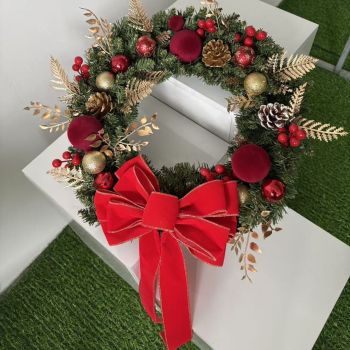 2pk Xmas Wreath Gold Leaf Red Bow, 40cm Diameter
