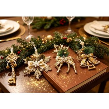 3pk White Gold Vintage Reindeer Xmas Bauble